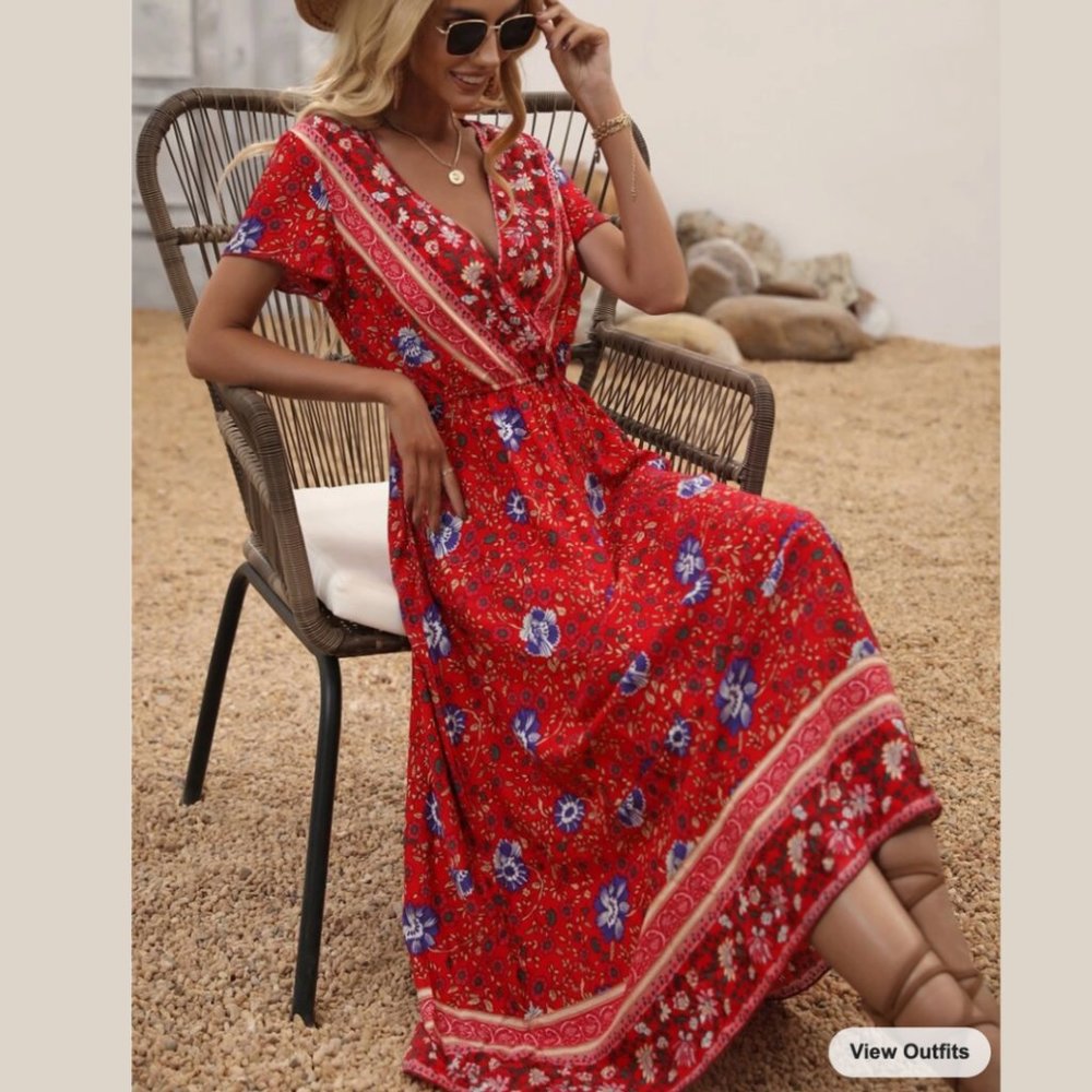 *SHEIN Floral Print Overlap Wrap Collar Red Dress